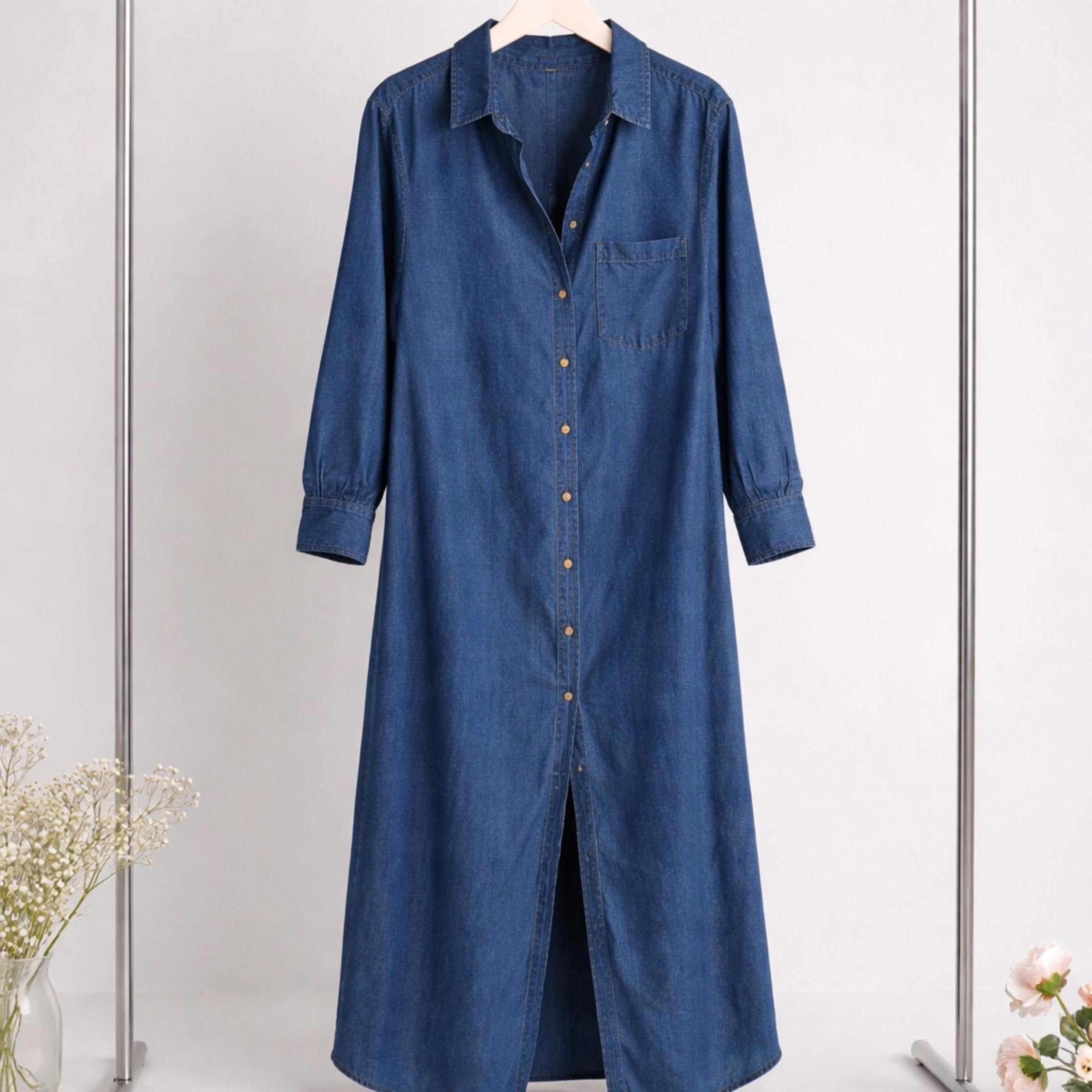 Valeria | Denim Maxi-Hemdblusenkleid mit Knopfleiste