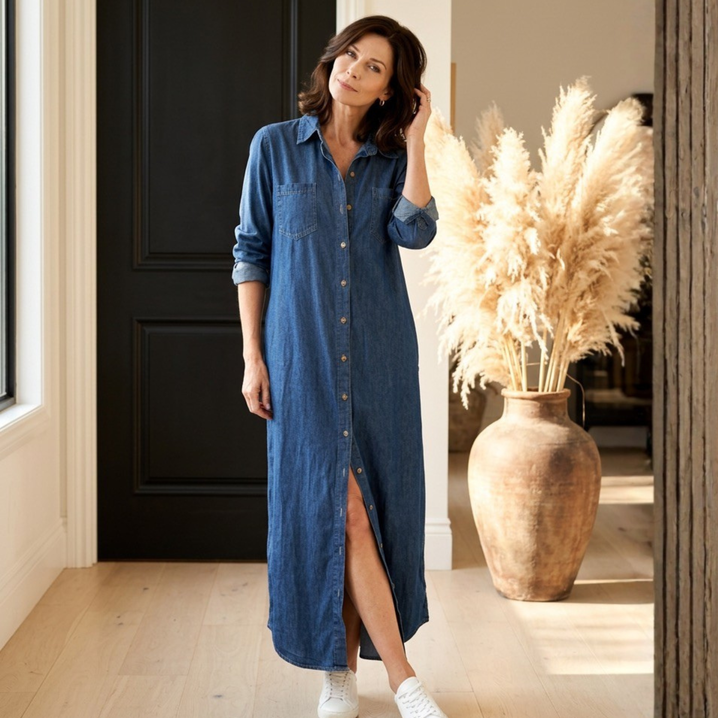 Valeria | Denim Maxi-Hemdblusenkleid mit Knopfleiste