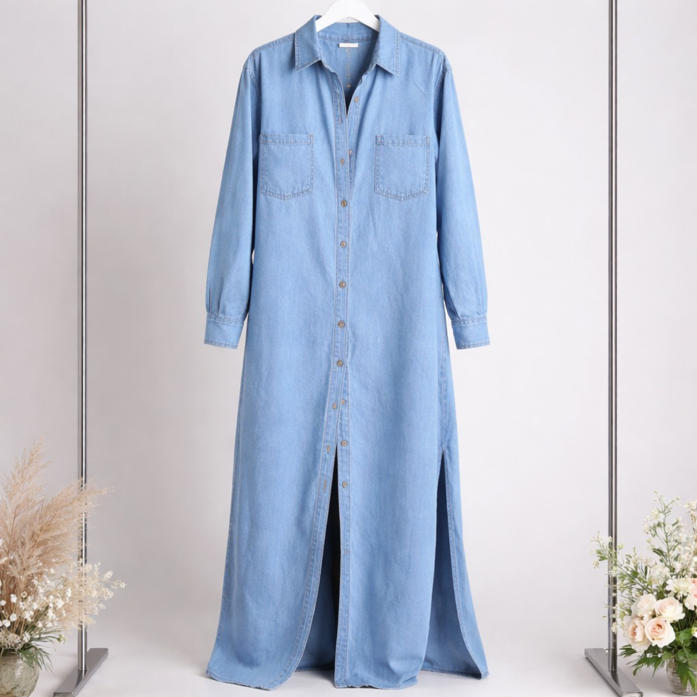 Valeria | Denim Maxi-Hemdblusenkleid mit Knopfleiste