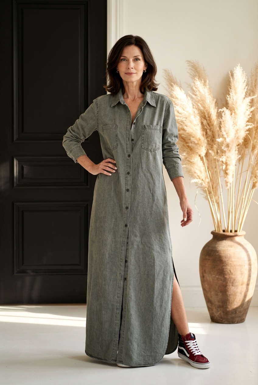 Valeria | Denim Maxi-Hemdblusenkleid mit Knopfleiste